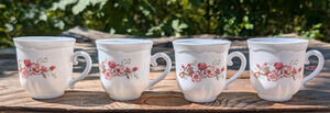 Arcopal France Florentine Pink Flowers Tea Coffee Cups Milk Glass Set of 4